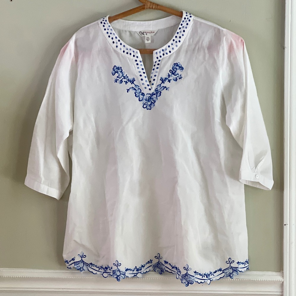 Krazy Kat Tunic XXL Womens Embroidered Scalloped Hem Cotton White Blue Boho Tops